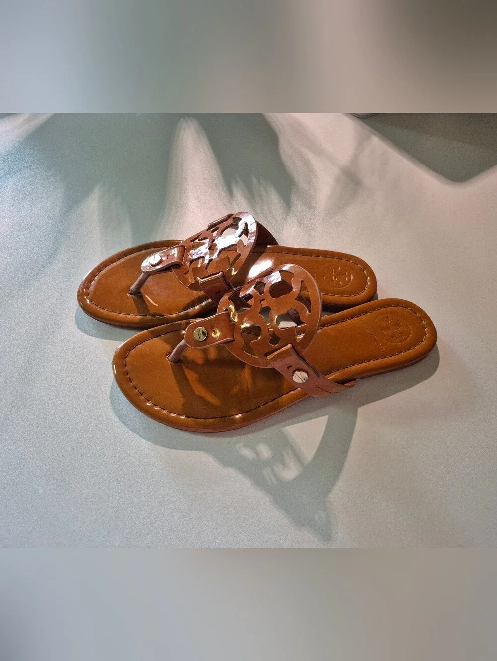 Tory Burch Authentic Patent Leather Brown Miller Logo Cutout Thong Sandals